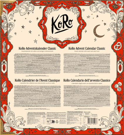 KoRo Advent Stories Classic Edition Adventskalender 2026, 23 Lebensmittel, Socken und 1154 g, KoRo Адвент-календарь Advent Stories Classic Edition 2026, 23 пищевых продукта общей массой 1154 г и носки