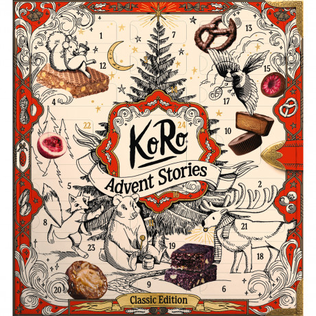KoRo Advent Stories Classic Edition Adventskalender 2026, 23 Lebensmittel, Socken und 1154 g, KoRo Адвент-календарь Advent Stories Classic Edition 2026, 23 пищевых продукта общей массой 1154 г и носки