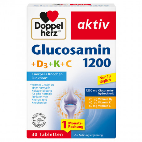 Doppelherz Glucosamin 1200 + D3 + K + C, 40 Tabletten, 47,4 g, Глюкозамин гидрохлорид 1200 мг с витаминами C, D3, K и E для хрящей и костей, 40 таблеток, 47,4 г