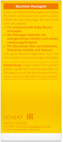 WELEDA BABY Baeuchlein-Massageoel, 50 ml, Детское масло для массажа животика с миндальным маслом, майораном, ромашкой и кардамоном, 50 мл