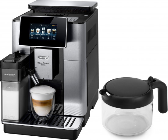 De'Longhi De'Longhi Kaffeevollautomat PrimaDonna Soul ECAM 610.75.MB, inkl. Kaffeekanne im Wert von UVP € 29,99 + Glaser-Set UVP € 46,90 Полностью автоматическая кофемашина De'Longhi PrimaDonna Soul ECAM 610.75.MB, включая кофейник стоимостью 29,99 евро