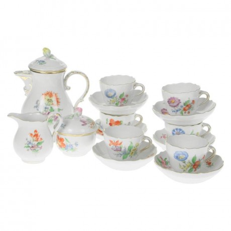 Meissen Meissen 'Neuer Ausschnitt - Blume 3 mitte bunt mit Goldrand' Espressoservice 6 Personen 15-tlg. Meissen "New cut - flower 3 центр разноцветный с золотым ободком" Сервиз для эспрессо на 6 персон 15 предм.