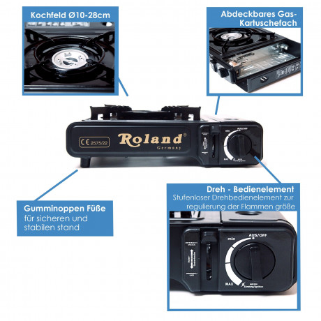 Roland Roland Gaskocher Outdoor Camping Gaskocher mit automatischer Piezozundung Kochfeld, (1 flammig Campingkocher Inkl. Tragekoffer Campinggaskocher Universalkocher Kocher mobiler Gasherd mobil Kartuschenkocher mit Piezo Zundung Kohleanzunder, 1-St., pe
