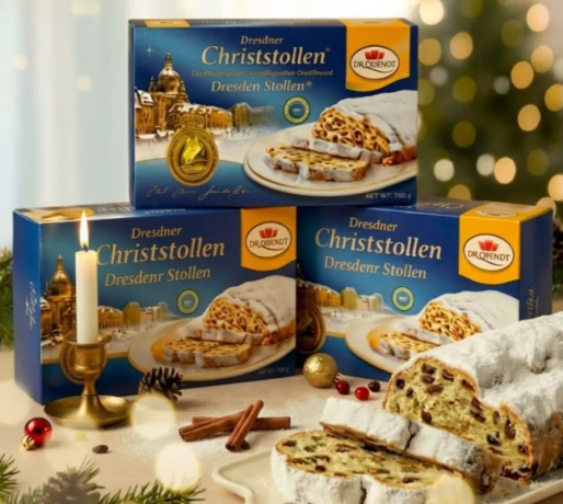 Dr. Quendt Echter Dresdner Christstollen 3stk Набор 3 Штоллена x 1 кг в подарочной упаковке, Немецкий рождественский кекс с изюмом и орехами