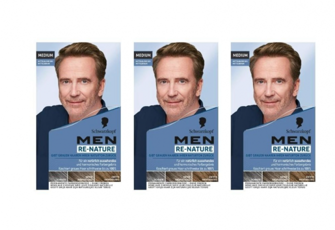 Schwarzkopf Men Re-Nature Medium, 3st,  Краска от седины для мужчин  постепенное восстановление цвета волос, средне-русый, 3шт