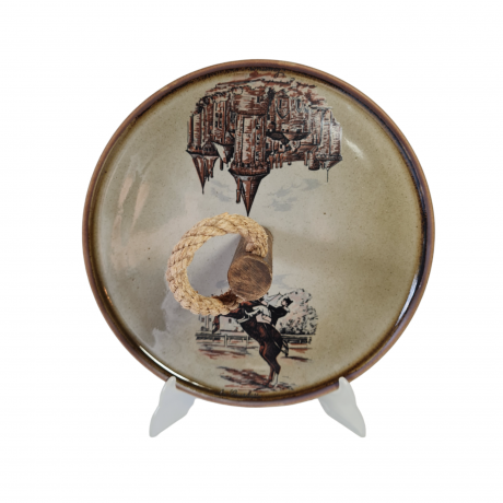 Фруктовница винтажная большая Gres de l'Arnon с деревянной палкой в центре, керамика, 30 см, Франция, 1960-70гг.