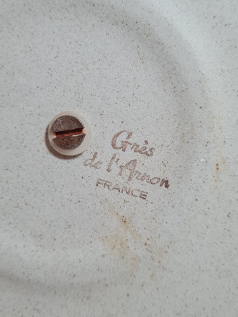 Фруктовница винтажная большая Gres de l'Arnon с деревянной палкой в центре, керамика, 30 см, Франция, 1960-70гг.