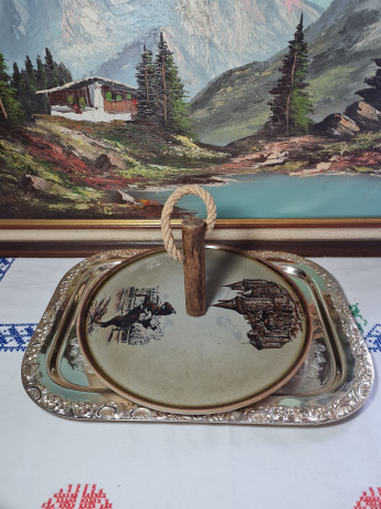 Фруктовница винтажная большая Gres de l'Arnon с деревянной палкой в центре, керамика, 30 см, Франция, 1960-70гг.