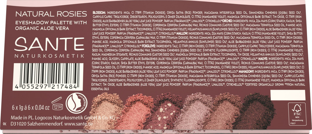 SANTE Eyeshadow Palette 01 Natural Rosies, 6 g, Санте Палетка теней для век Natural Rosies, 6 розово-коричневых оттенков с матовым и сияющим финишем, 6 г