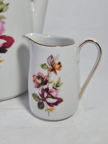 Набор для кофе винтажный GKC Bavaria / 74 er с сиреневым цветком, молочник, сахарница, чайник, фарфор, Германия, 1960-70гг.