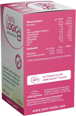 OMNi-LOGiC Apfelpektin 84st, Яблочный пектин в капсулах, пребиотик для кишечника, микрофлоры, пищеварения и контроля веса, 84 капсулы