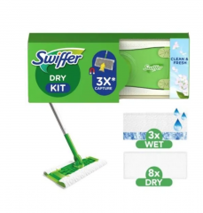 Swiffer wet+dry SET Clean and Fresh 3stk, НАБОР для уборки полов Швабра + cалфетки для швабры сухие 8 шт и влажные 3 шт, с ароматом чистоты и свежести, 3 набора