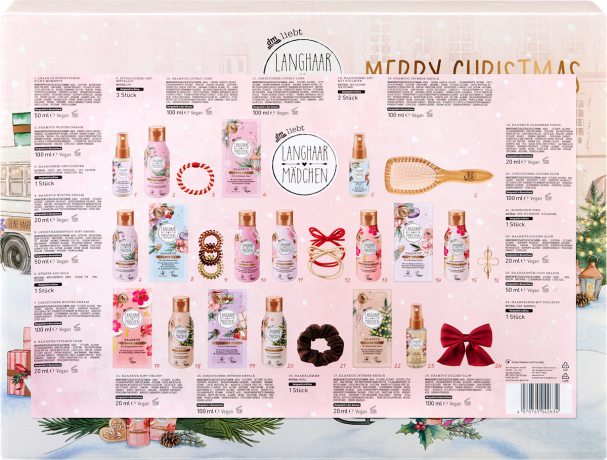 LANGHAARMAEDCHEN MERRY CHRISTMAS wear your hair with love Adventskalender 2026, 24 Haarpflege-, Styling- und Accessoire-Ueberraschungen, LANGHAARMAEDCHEN Адвент-календарь 2026 с уходом и стайлингом для волос и аксессуарами, 24 сюрприза