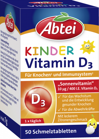 Abtei Kinder Vitamin D3 50 Schmelztabletten (7 g), Abtei Детский витамин D3 400 МЕ для роста костей и поддержки иммунитета, таблетки с лимонным вкусом, 50 растворяющихся во рту таблеток (7 г)
