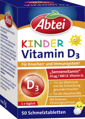 Abtei Kinder Vitamin D3 50 Schmelztabletten (7 g), Abtei Детский витамин D3 400 МЕ для роста костей и поддержки иммунитета, таблетки с лимонным вкусом, 50 растворяющихся во рту таблеток (7 г)