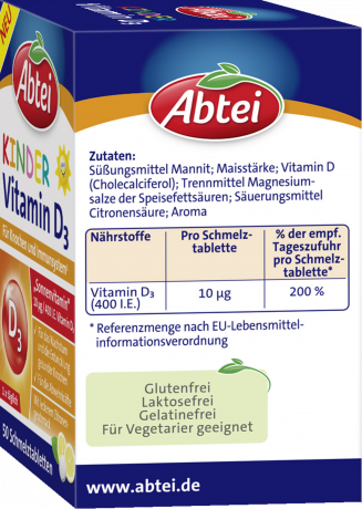 Abtei Kinder Vitamin D3 50 Schmelztabletten (7 g), Abtei Детский витамин D3 400 МЕ для роста костей и поддержки иммунитета, таблетки с лимонным вкусом, 50 растворяющихся во рту таблеток (7 г)