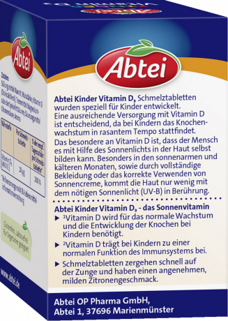 Abtei Kinder Vitamin D3 50 Schmelztabletten (7 g), Abtei Детский витамин D3 400 МЕ для роста костей и поддержки иммунитета, таблетки с лимонным вкусом, 50 растворяющихся во рту таблеток (7 г)