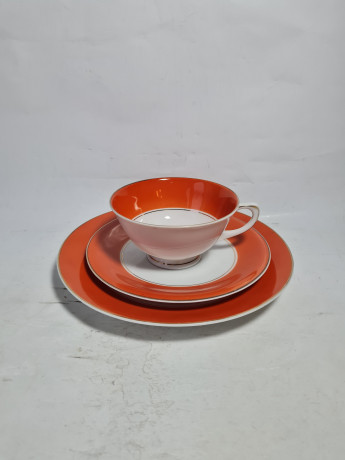 Чайное трио винтажное Ullersricht-Weiden Bavaria в бело-красных тонах, фарфор, Германия, 1960-70гг.