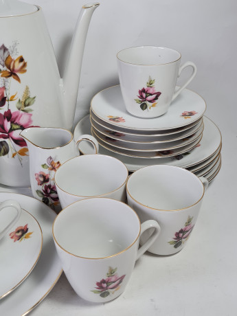 Сервиз кофейный винтажный GKC Bavaria / 74 er с сиреневым цветком, на 6 персон, фарфор, Германия, 1960-70гг.