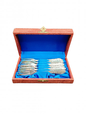 Набор столовых приборов GAM 100, в заводской коробке с замочком, серебро, десертная вилка - 6 шт., 18 х 11 см, Германия, 1970-80гг.