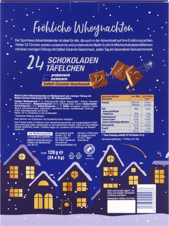 Sportness Froehliche Weihnachten Adventskalender 2026, 24 Protein-Schokoladentaefelchen Salted Caramel, Sportness Адвент-календарь 2026 с протеиновыми шоколадными плиточками Salted Caramel с пониженным содержанием сахара, 24 шт.
