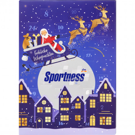 Sportness Froehliche Weihnachten Adventskalender 2026, 24 Protein-Schokoladentaefelchen Salted Caramel, Sportness Адвент-календарь 2026 с протеиновыми шоколадными плиточками Salted Caramel с пониженным содержанием сахара, 24 шт.