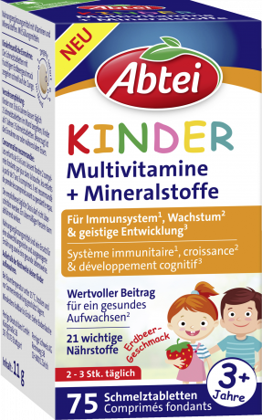 Abtei Kinder Multivitamine + Mineralstoffe Schmelztabletten 75 Schmelztabletten (11 g), Abtei Детские мультивитамины и минералы для роста, костей и иммунитета, таблетки с клубничным вкусом, 75 растворяющихся во рту таблеток (11 г)