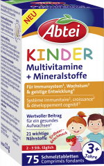 Abtei Kinder Multivitamine + Mineralstoffe Schmelztabletten 75 Schmelztabletten (11 g), Abtei Детские мультивитамины и минералы для роста, костей и иммунитета, таблетки с клубничным вкусом, 75 растворяющихся во рту таблеток (11 г)