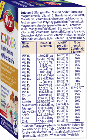 Abtei Kinder Multivitamine + Mineralstoffe Schmelztabletten 75 Schmelztabletten (11 g), Abtei Детские мультивитамины и минералы для роста, костей и иммунитета, таблетки с клубничным вкусом, 75 растворяющихся во рту таблеток (11 г)