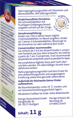 Abtei Kinder Multivitamine + Mineralstoffe Schmelztabletten 75 Schmelztabletten (11 g), Abtei Детские мультивитамины и минералы для роста, костей и иммунитета, таблетки с клубничным вкусом, 75 растворяющихся во рту таблеток (11 г)