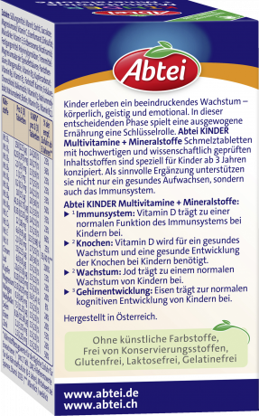 Abtei Kinder Multivitamine + Mineralstoffe Schmelztabletten 75 Schmelztabletten (11 g), Abtei Детские мультивитамины и минералы для роста, костей и иммунитета, таблетки с клубничным вкусом, 75 растворяющихся во рту таблеток (11 г)