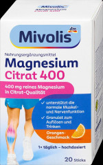 Mivolis Magnesium Citrat 400 Granulat Sticks 20 St, 120 g,  Магний-Цитрат в гранулах в стиках для мышц и нервов, с фруктовым апельсиновым вкусом, 20 шт х 6 г (120г)