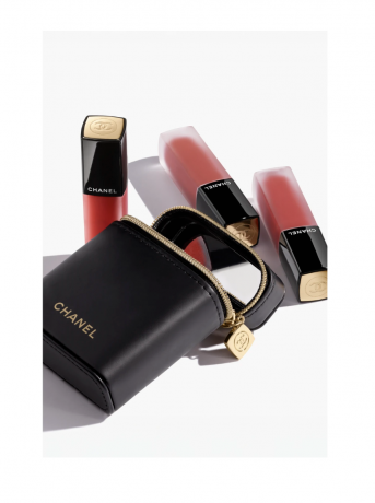 CHANEL SET  Rouge Allure Liquid Velvet, НАБОР из 3ех жидких помад в черной сумочке с зеркалом, ультрастойкая до 12 часов, ограниченная серия, Коллекция осень/зима 2024, 3шт х 6мл 