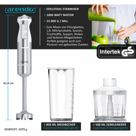 Arendo Arendo Stabmixer, 1000 W, Purierstab Set mit Zerkleinerer  Messbecher, Edelstahl  Ручной блендер Arendo, 1000 Вт, набор очищающих стержней с мерным стаканом-измельчителем, нержавеющая сталь
