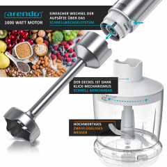 Arendo Arendo Stabmixer, 1000 W, Purierstab Set mit Zerkleinerer  Messbecher, Edelstahl  Ручной блендер Arendo, 1000 Вт, набор очищающих стержней с мерным стаканом-измельчителем, нержавеющая сталь