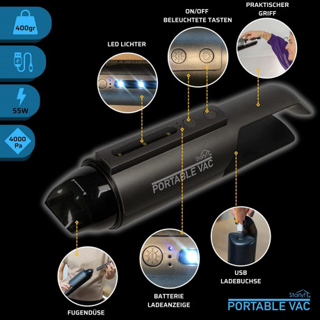 Starlyf Starlyf Akku-Handstaubsauger Portable Vac, 55,00 W, beutellos, 2600 mAh (7,3V), USB, LED-Beleuchtung, HEPA-Filter Беспроводной ручной пылесос Starlyf Portable Vac, 55,00 Вт, без мешка, 2600 мАч (7,3 В), USB, светодиодное освещение, HEPA-фильтр