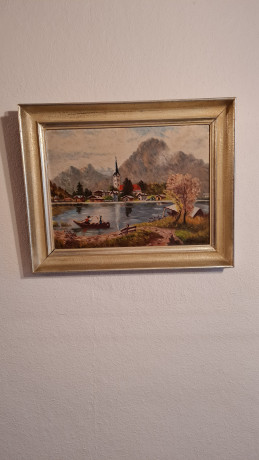 Картина винтажная A.Dihlmann "Городок на озере", в деревянной раме, 49,5 x 40 см, Германия, 1960-1970гг.