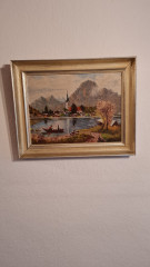 Картина винтажная A.Dihlmann &quot;Городок на озере&quot;, в деревянной раме, 49,5 x 40 см, Германия, 1960-1970гг.