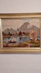 Картина винтажная A.Dihlmann &quot;Городок на озере&quot;, в деревянной раме, 49,5 x 40 см, Германия, 1960-1970гг.
