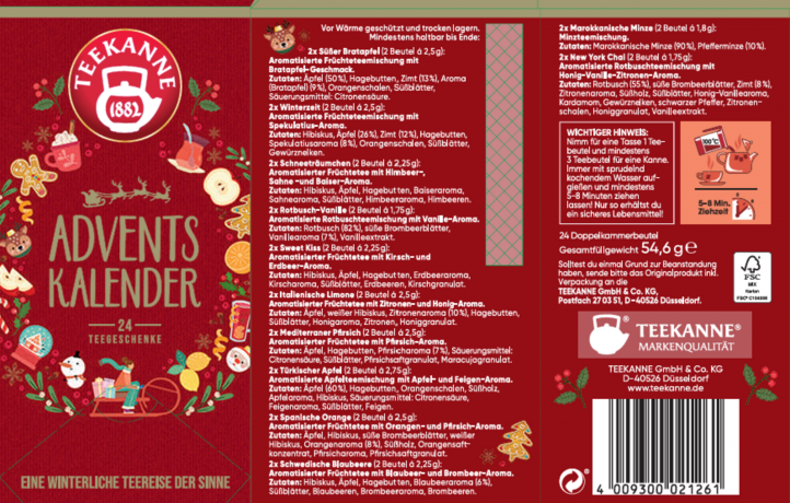 Teekanne Tee Adventskalender 2026, Teekanne Чайный адвент-календарь 2026 с 12 вкусами, 24 пакетика