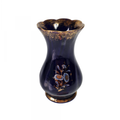 Ваза винтажная Royal Porzellan, темно-синяя с золотистым декором и цветами, ручная роспись, фарфор, 12.5 см, Германия, 1960-70гг.