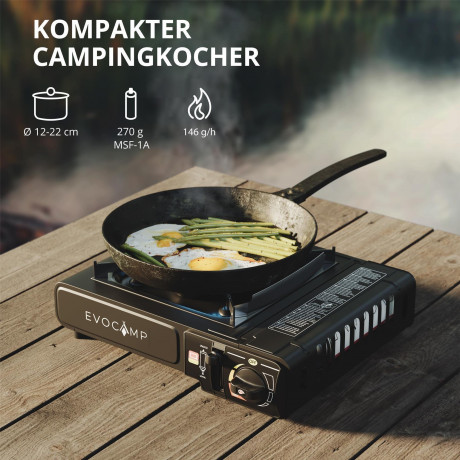 EVOCAMP EVOCAMP Gaskocher 1-flammig Piezozundung mit 4x 227g Gaskartuschen mit Tragekoffer 1-flammiger Gaskocher Газовая плита EVOCAMP, 1 пламя, пьезоподжиг, 4 газовых баллончика по 227 г, с футляром для переноски.