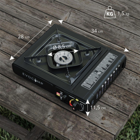 EVOCAMP EVOCAMP Gaskocher 1-flammig Piezozundung mit 4x 227g Gaskartuschen mit Tragekoffer 1-flammiger Gaskocher Газовая плита EVOCAMP, 1 пламя, пьезоподжиг, 4 газовых баллончика по 227 г, с футляром для переноски.
