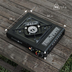 EVOCAMP EVOCAMP Gaskocher 1-flammig Piezozundung mit 4x 227g Gaskartuschen mit Tragekoffer 1-flammiger Gaskocher Газовая плита EVOCAMP, 1 пламя, пьезоподжиг, 4 газовых баллончика по 227 г, с футляром для переноски.