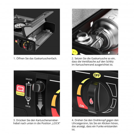 EVOCAMP EVOCAMP Gaskocher 1-flammig Piezozundung mit 4x 227g Gaskartuschen mit Tragekoffer 1-flammiger Gaskocher Газовая плита EVOCAMP, 1 пламя, пьезоподжиг, 4 газовых баллончика по 227 г, с футляром для переноски.