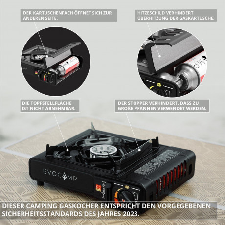 EVOCAMP EVOCAMP Gaskocher 1-flammig Piezozundung mit 4x 227g Gaskartuschen mit Tragekoffer 1-flammiger Gaskocher Газовая плита EVOCAMP, 1 пламя, пьезоподжиг, 4 газовых баллончика по 227 г, с футляром для переноски.