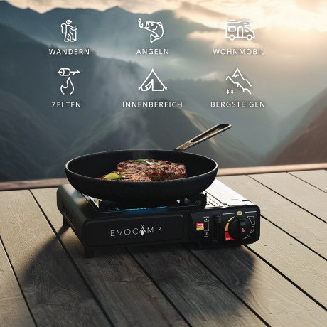 EVOCAMP EVOCAMP Gaskocher 1-flammig Piezozundung mit 4x 227g Gaskartuschen mit Tragekoffer 1-flammiger Gaskocher Газовая плита EVOCAMP, 1 пламя, пьезоподжиг, 4 газовых баллончика по 227 г, с футляром для переноски.