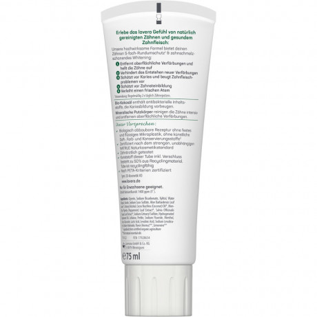 LAVERA Zahncreme Sensitive Whitening, 75 ml, Лавера Зубная паста для бережного осветления эмали, био-кокосовое масло, 75 мл