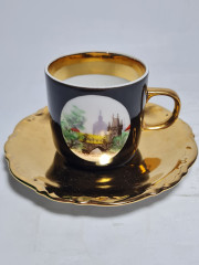 Кофейная пара винтажная Prama &quot;Вид на Эринер&quot;, черный / золото, фарфор, Германия, 1970-80гг.