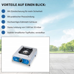 BlueCraft BlueCraft Gaskocher Campingkocher 1-flammig mit Zundsicherung, und Piezo Gas-Kochfeld 1 flammen propangas  Газовая плита BlueCraft, походная плита, 1 пламя с запальным предохранителем и пьезогазовая плита, 1 пламя, газ пропан.